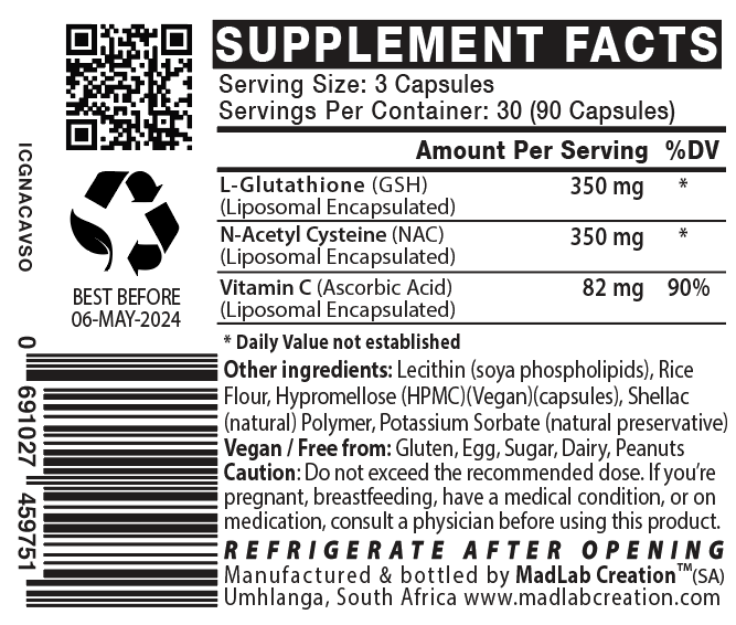 GlutaNAC (Liposomal)(L-Glutathione & NAC) 700mg with Targeted Delivery
